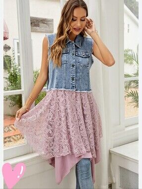 Long Sleeveless Denim Vest with Dusty Rose  Lace Overlay & Asymetrical Hem